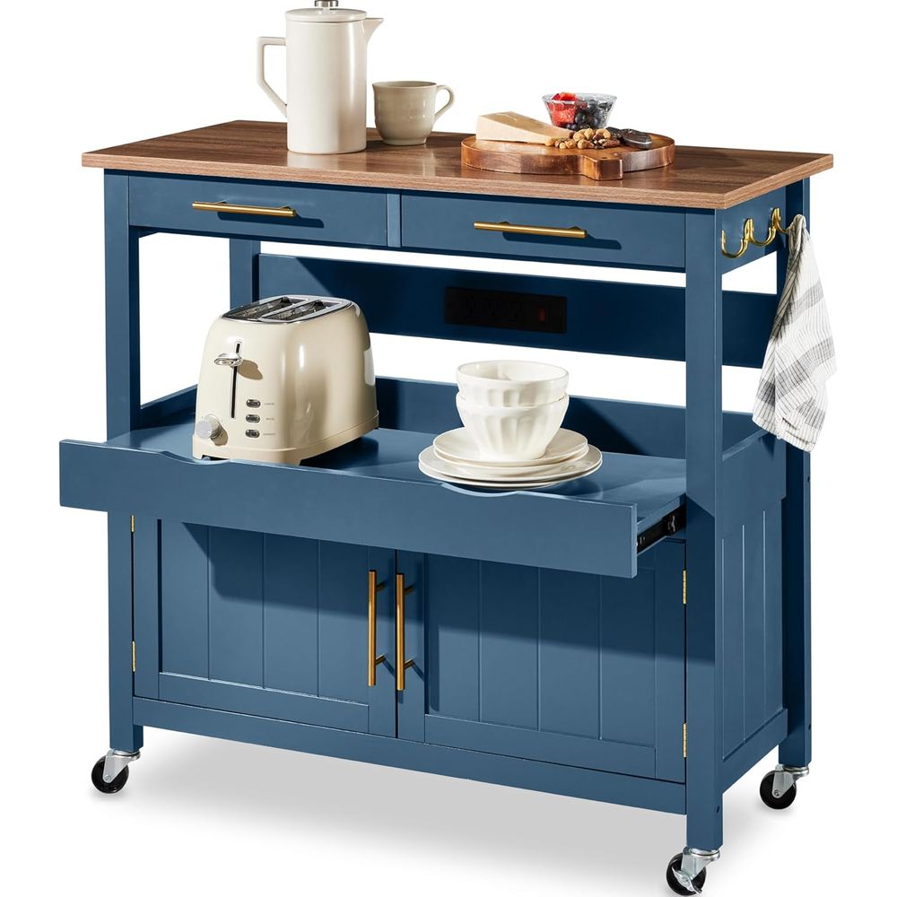 Outdoor Kitchen Power Outlet - 36インチ大型ローリングキッチンアイランドカート、2ドアキャビネット、2段引き出し、プルアウトシェルフ、電源コンセント、フック、回転式ロック付きホイール - B