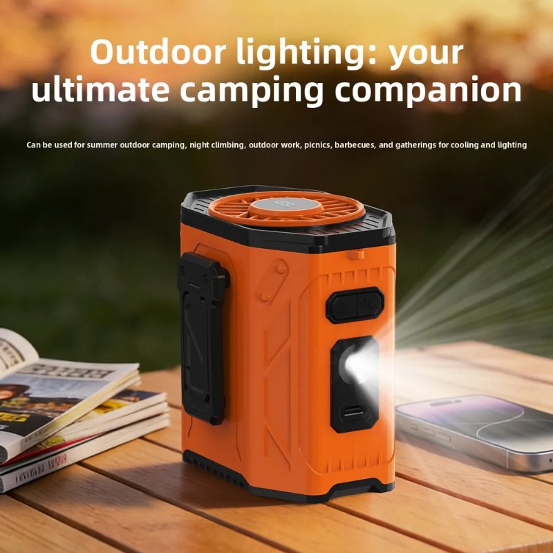 Outdoor Power Works - 屋外作業用クーラーファン 3600mAh充電式腰掛け/首掛けファン パワーバンク付き LEDライト搭載 6段階風量調節 強力送風クールファン