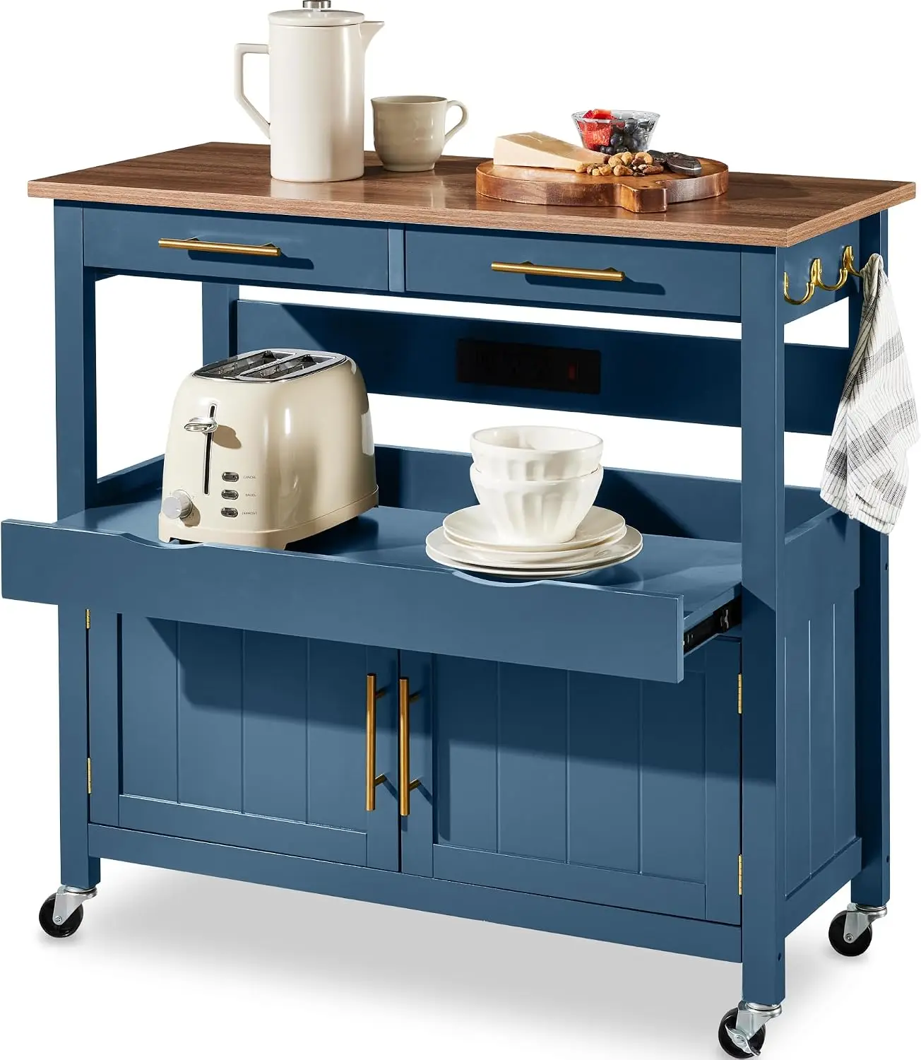 Outdoor Kitchen Power Outlet - 36インチ大型ローリングキッチンアイランドカート、2ドアキャビネット、2つの引き出し、引き出し式棚、電源コンセント、フック、回転式ロック付きホイール