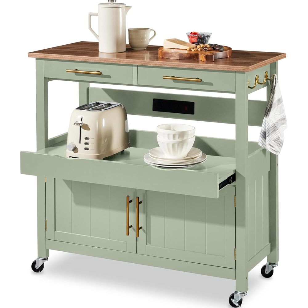 Outdoor Kitchen Power Outlet - 36インチ ラーローリングキッチンアイランドカート、2ドアキャビネット、2段引き出し、プルアウトシェルフ、電源コンセント、フック、回転ロック式ホイール - ピスタック
