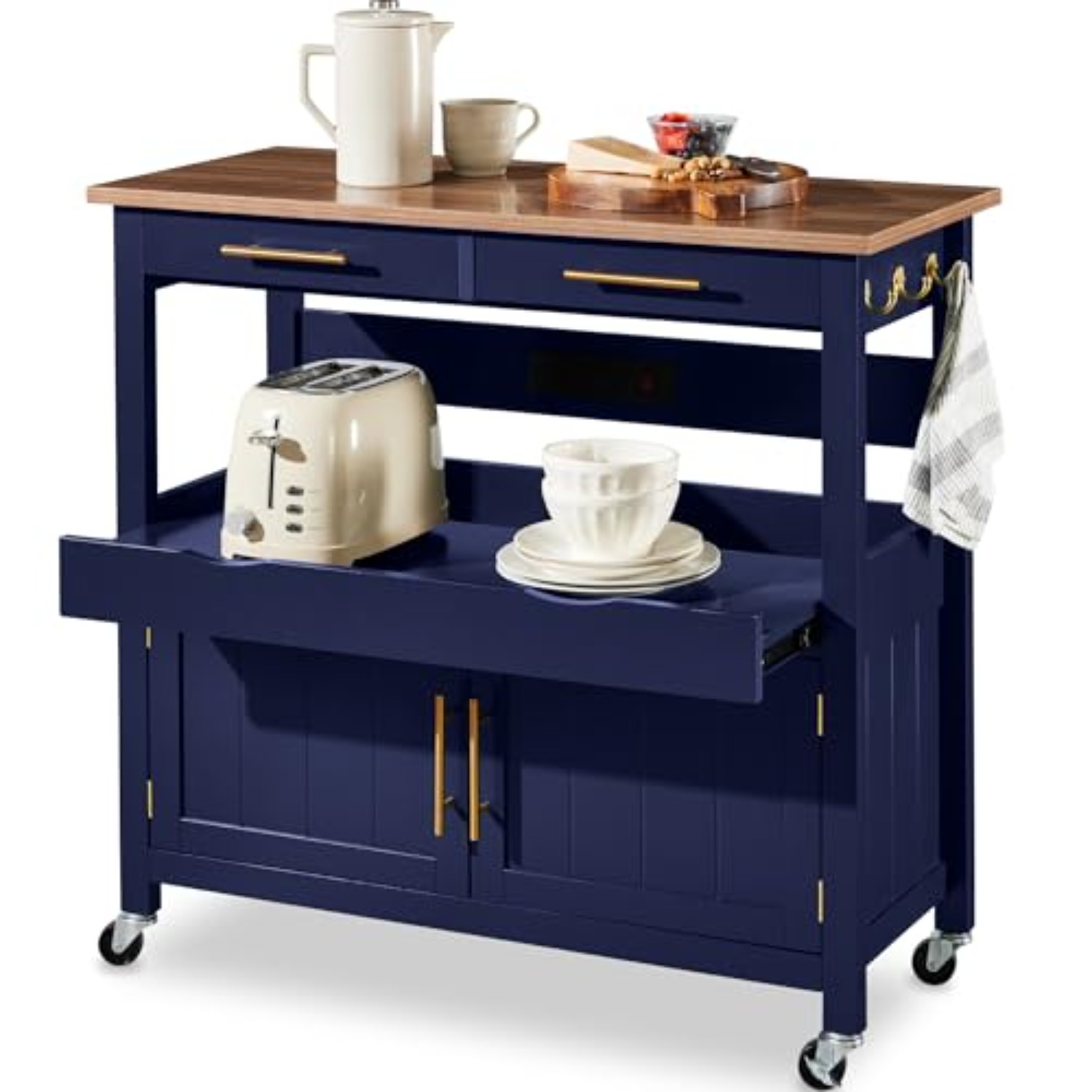 Outdoor Kitchen Power Outlet - 36インチ大型ローリングキッチンアイランドカート、2ドアキャビネット、2つの引き出し、引き出し式棚、電源コンセント、フック、回転式