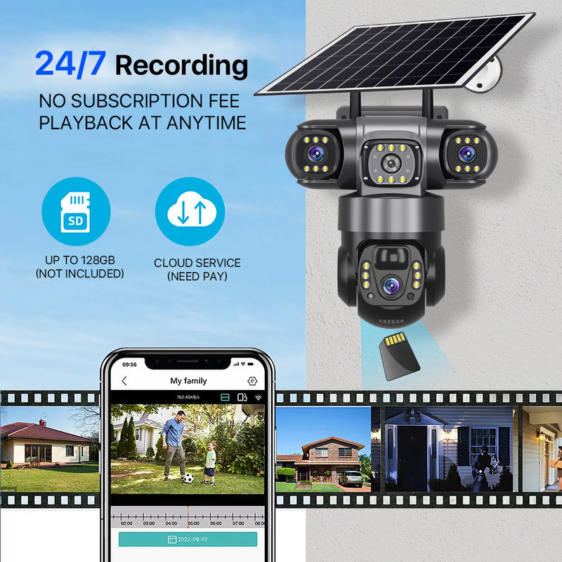 屋外3レンズ3画面ソーラーカメラ6MP 4G WiFi PT - Outdoor Power G Motion のレビューと価格