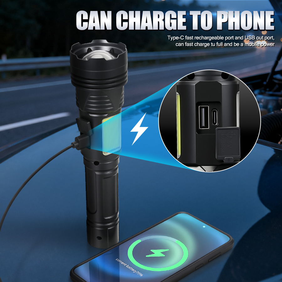 強力なLEDハンドヘルド懐中電灯USB充電式戦術ズームトーチ - Outdoor Power Works のレビューと価格